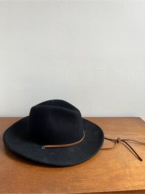 Black Wide-Brim Brixton Wool Hat with Brown Leather Cord